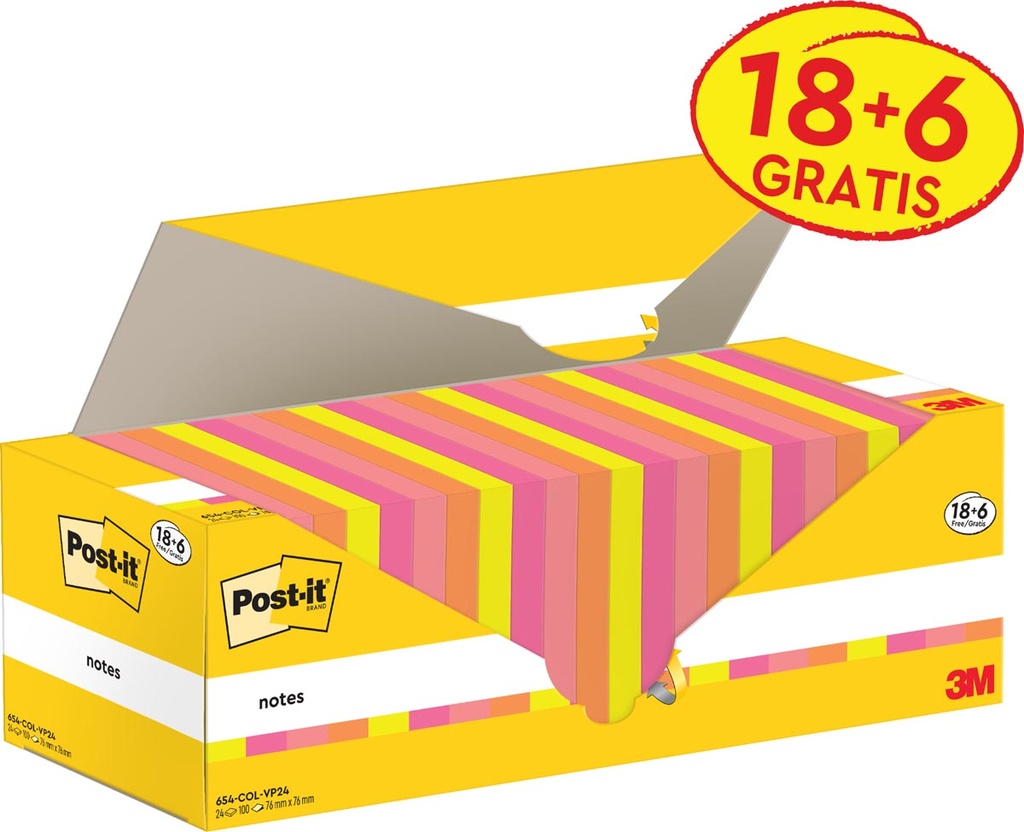 Memoblok Post-It Notes 76x76mm 100vel assorti ge-or-roz 18+6gratis (24)