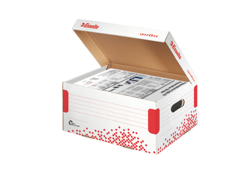 Archiefcontainer Esselte Speedbox karton A4/folio 355x193x252mm met klepdeksel wit/rood