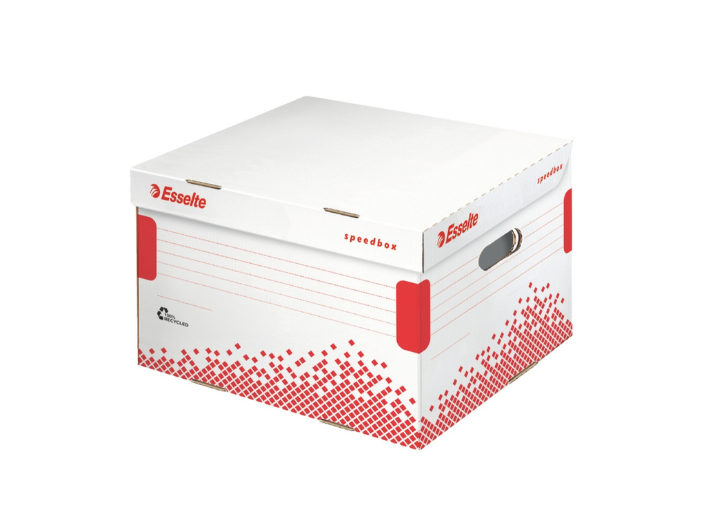 Archiefcontainer Esselte Speedbox karton 433x263x364mm met klepdeksel wit/rood