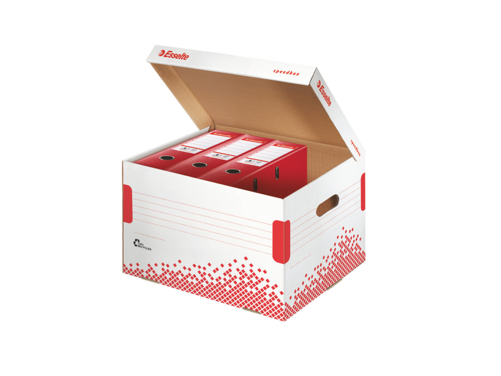 Archiefcontainer Esselte Speedbox karton 392x301x334mm met klepdeksel wit/rood