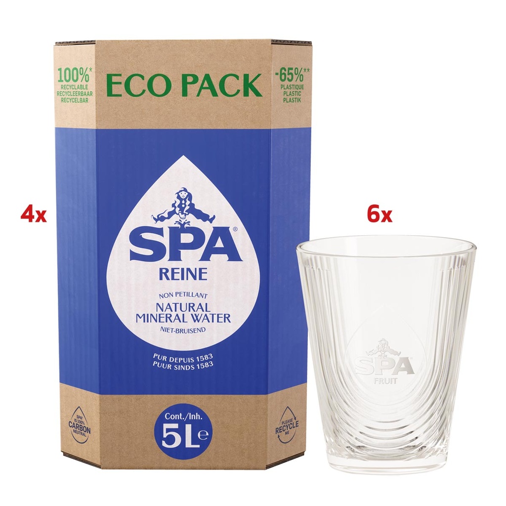 Water Spa Reine niet-bruisend 4 x eco pack van 5L (051829) + 6 glazen Spa GRATIS