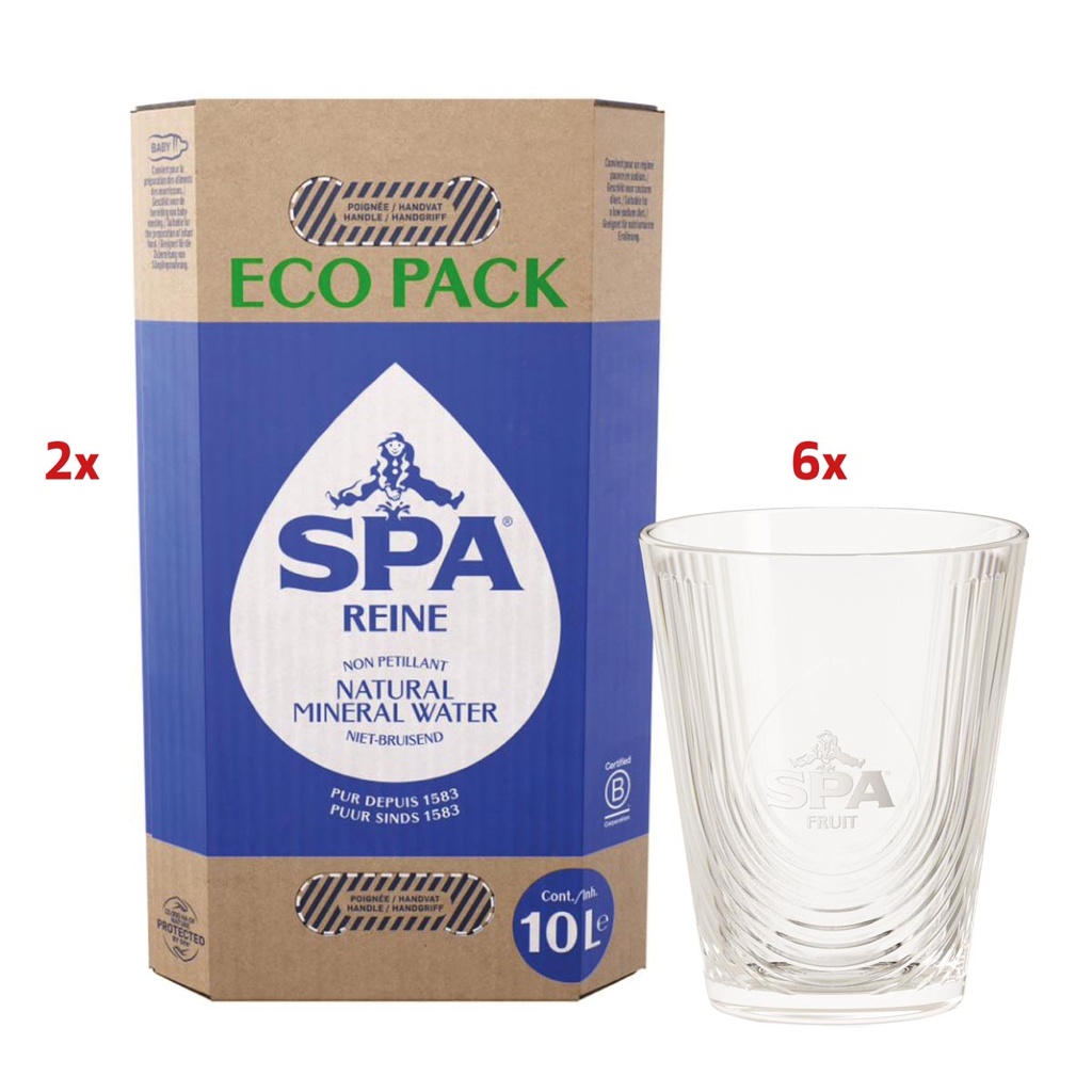 Water Spa Reine niet-bruisend 2 x eco pack van 10L (51839) + 6 glazen Spa GRATIS