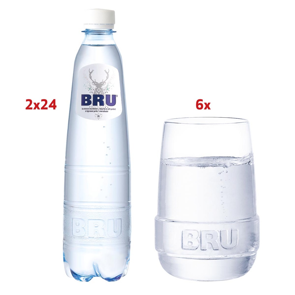 Water Bru lichtsprankelend 50cl 2 x pak van 24stuks (05180) + 6 glazen Bru GRATIS