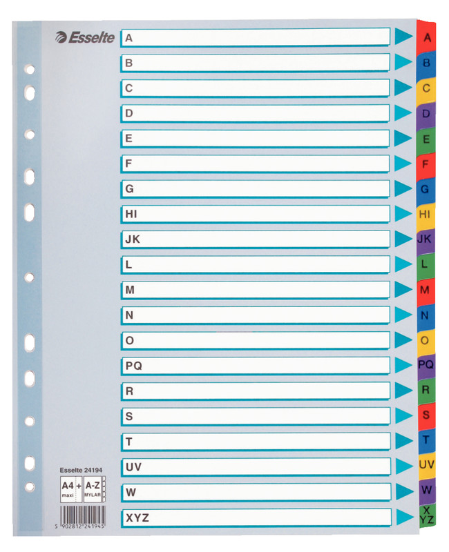 Tabbladen Esselte luxe mylar A4 160g A-Z 11-gaats assorti