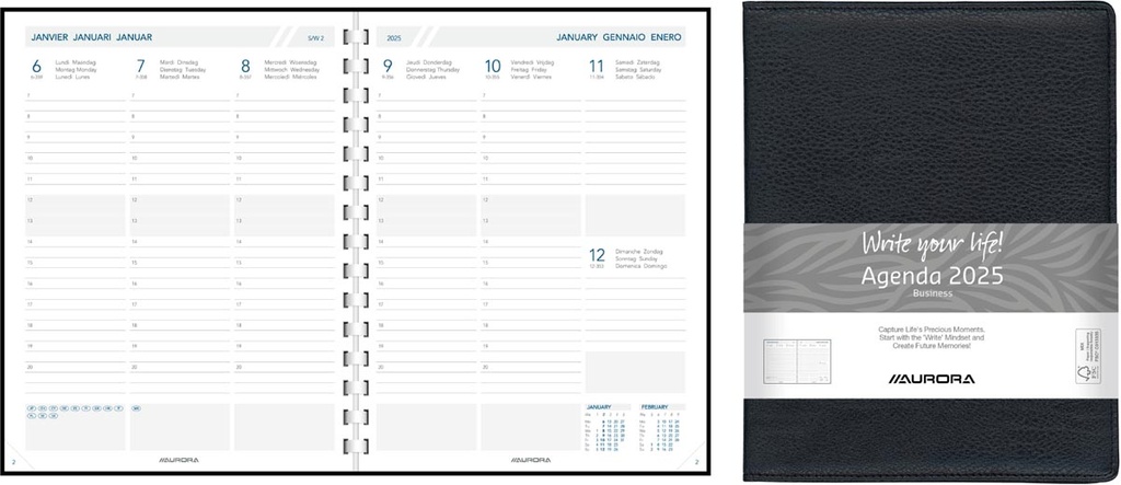 Agenda Aurora Business 29P Finesse 175x225mm zestalig zwart 2025 1 week/2 pagina's