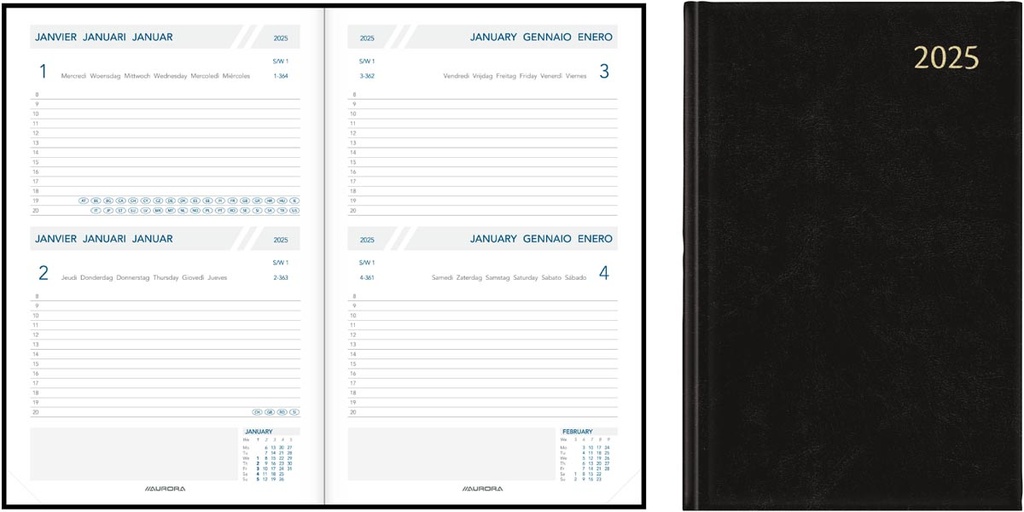 Agenda Aurora Folio FA111 Balacron 140x210mm zestalig zwart 2025 2 dagen/pagina