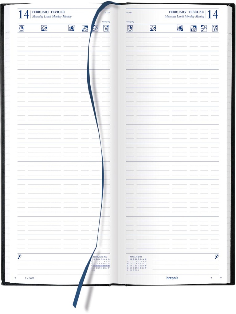 Agenda Brepols Horeca Lima 143x325mm viertalig zwart 2026 1 dag/2 pagina's