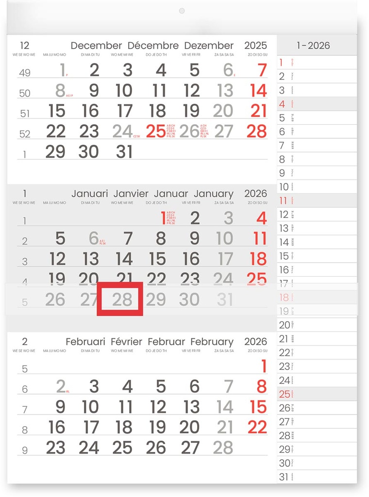 Driemaandskalender Compact Notes 300x400mm viertalig 2026