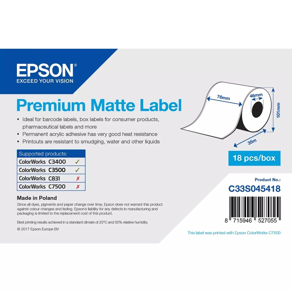 Etiketten op rol Epson C33S045418 76mm 33meter wit mat permanent