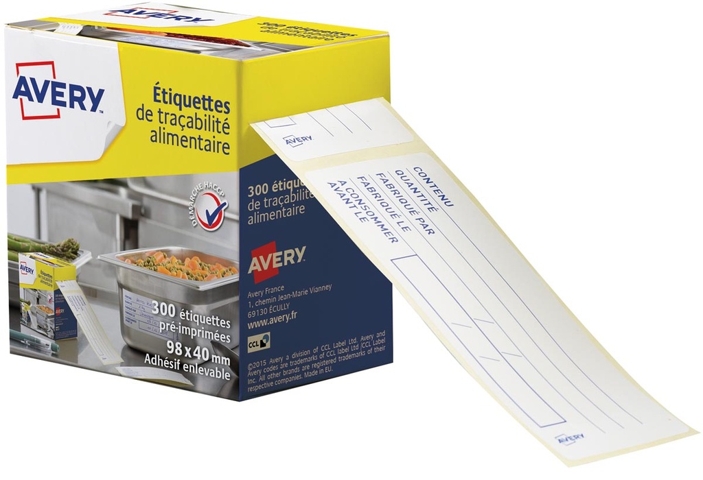 Etiketten voedselcodering Avery 98x40mm afscheurbaar in dispenser Franstalig (300)