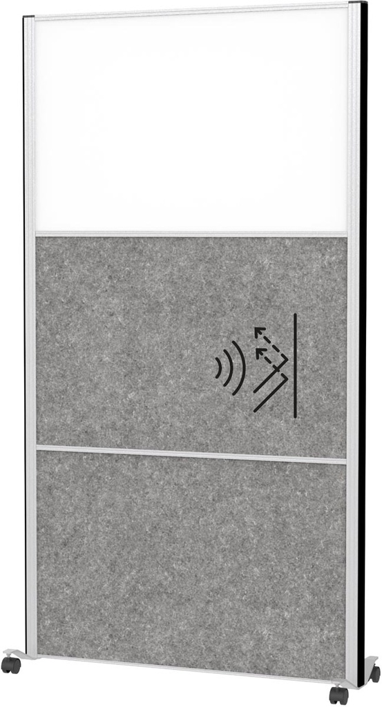 Akoestische scheidingswand MAULconnecto 180x100cm 2 panelen donkergrijs en 1 paneel whiteboard en frame zilver met wielen mobiel