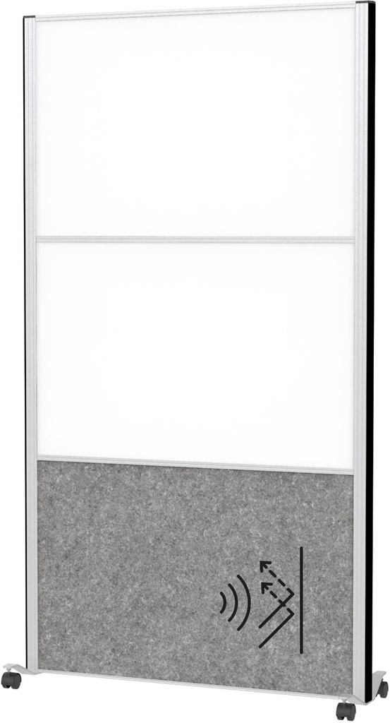 Akoestische scheidingswand MAULconnecto 180x100cm 1 paneel donkergrijs en 2 panelen whiteboard en frame zilver met wielen mobiel