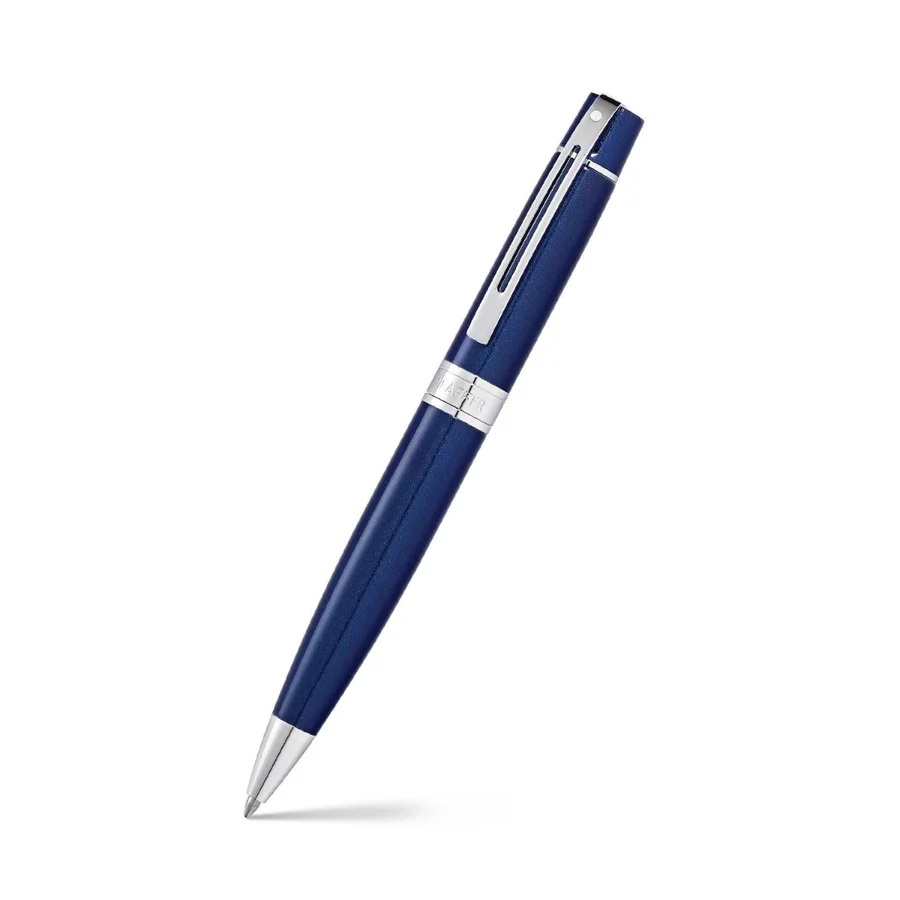 Balpen Sheaffer Serie 300 zwarte inkt medium punt glanzend blauw met verchroomde accenten in giftbox