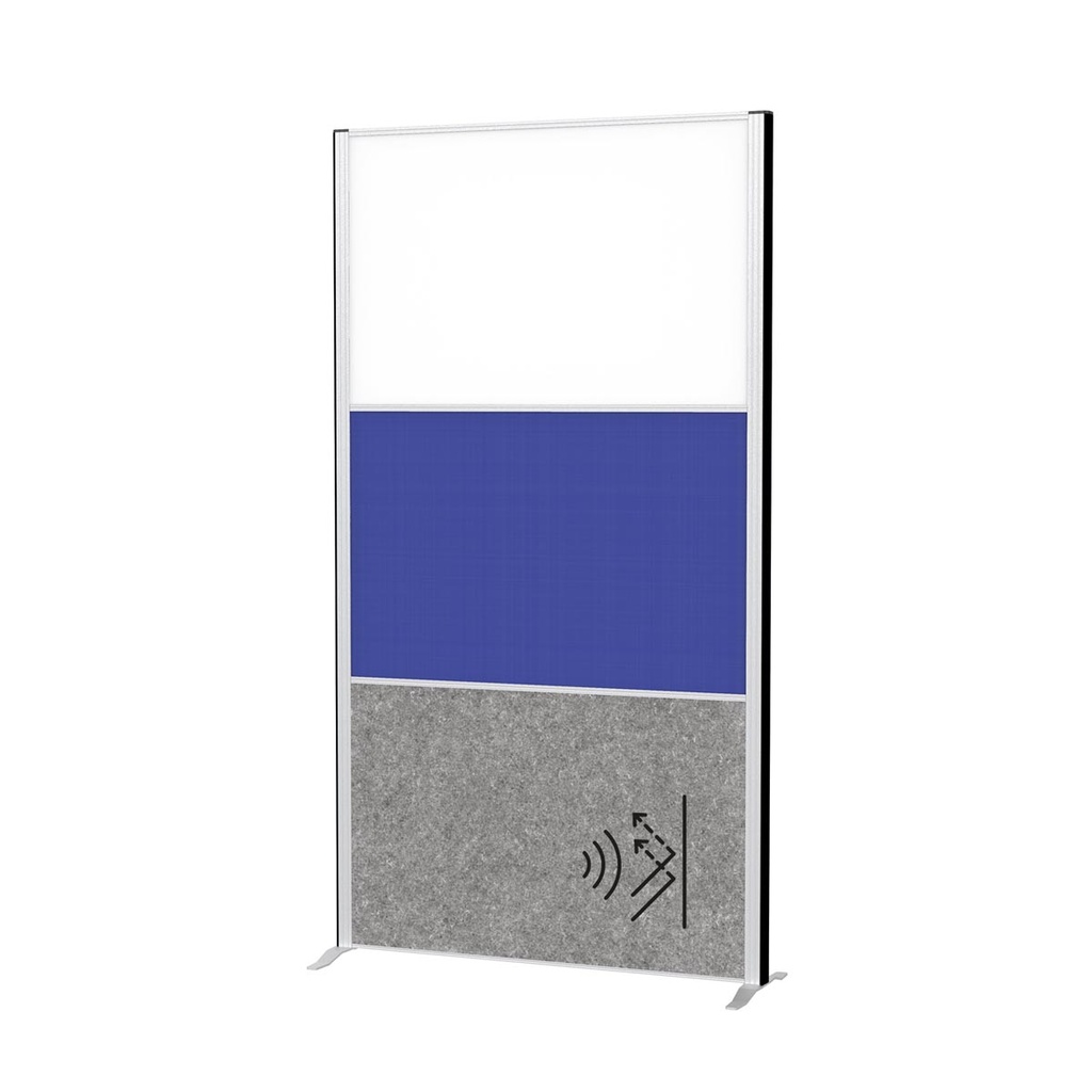 Akoestische scheidingswand MAULconnecto 180x100cm 1 paneel donkergrijs en 1 paneel blauw textiel 1 paneel whiteboard en frame zilver met voet