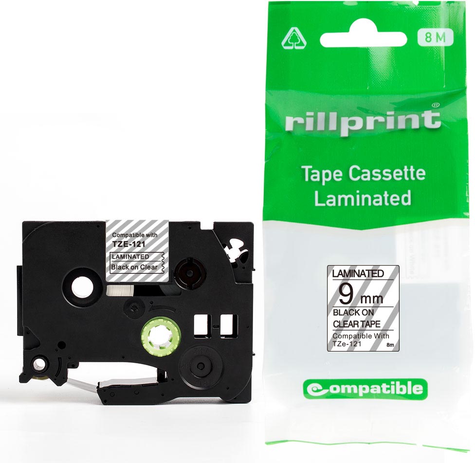 Compatibele tape voor P-Touch TZE-121 9mmx8m zwart op transparant 