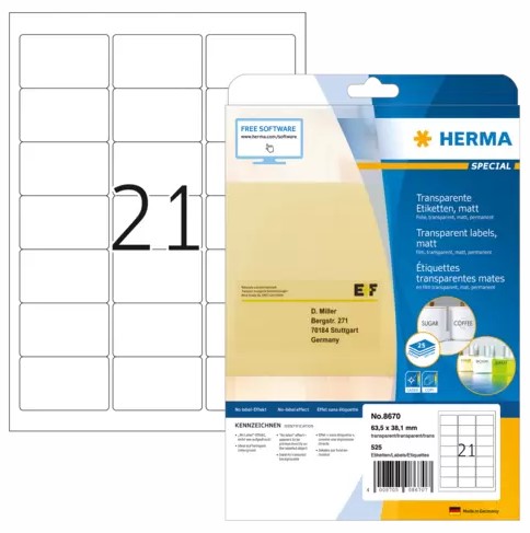 Etiket Herma 21etik/bl transparant 63,5x38,1mm ronde hoeken 25bl/doos