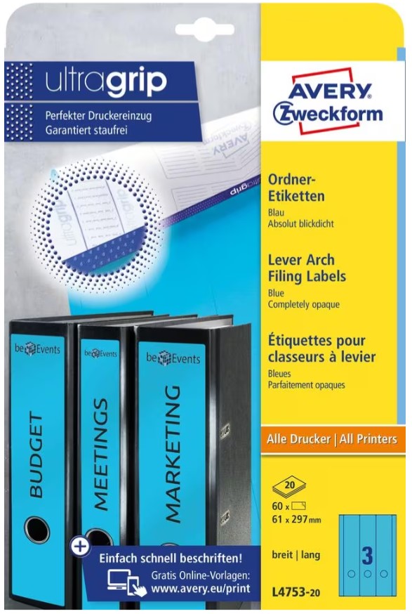 Rugetiket Avery 03 etik/bl 297x61mm blauw (20) (L475320)