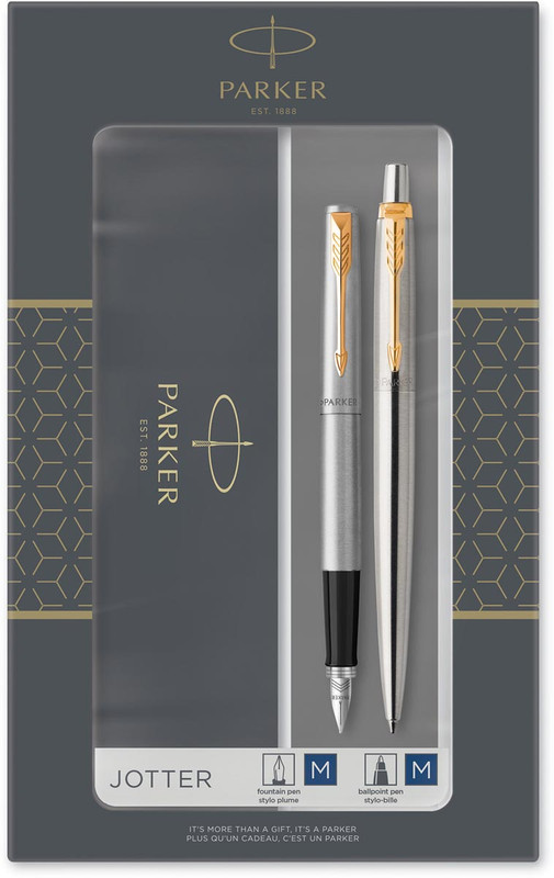 Giftbox Parker Jotter Duo vulpen en balpen blauwe inkt medium punt zilver/goud