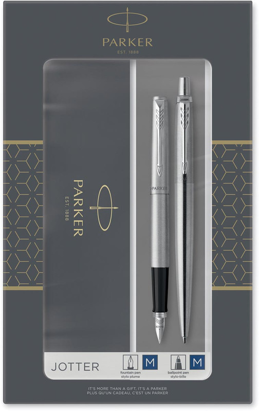 Giftbox Parker Jotter Duo vulpen en balpen blauwe inkt medium punt zilver