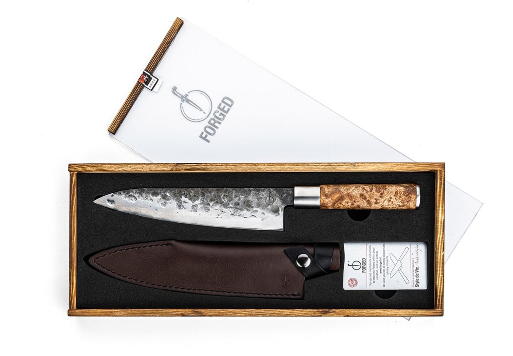 Keukenmes koksmes Forged VG10 20,5cm met beschermhoes in leer