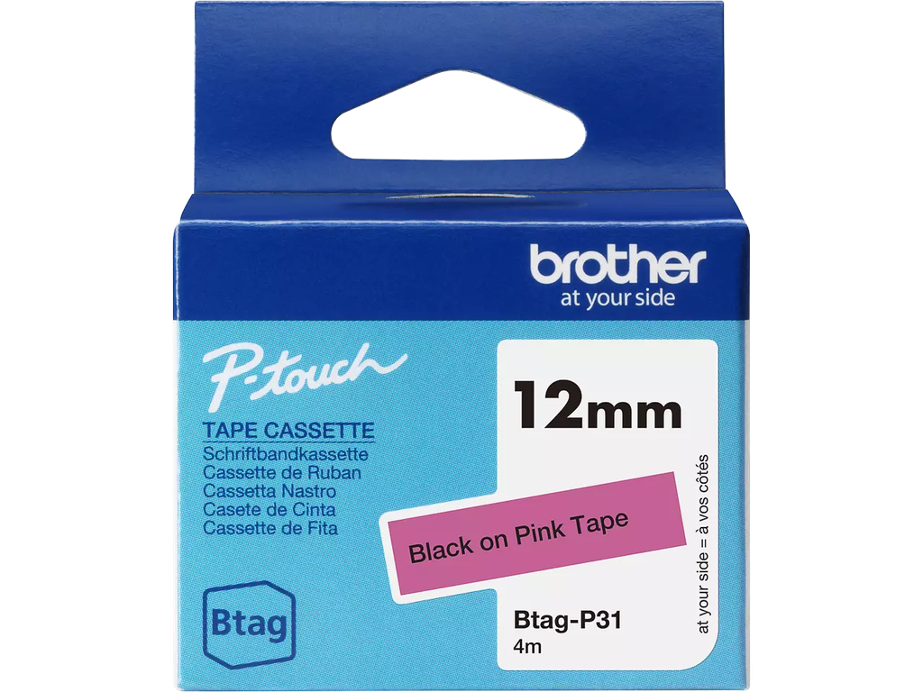 Tape Brother P-Touch BTAG-P31 12mm zwart op roze 