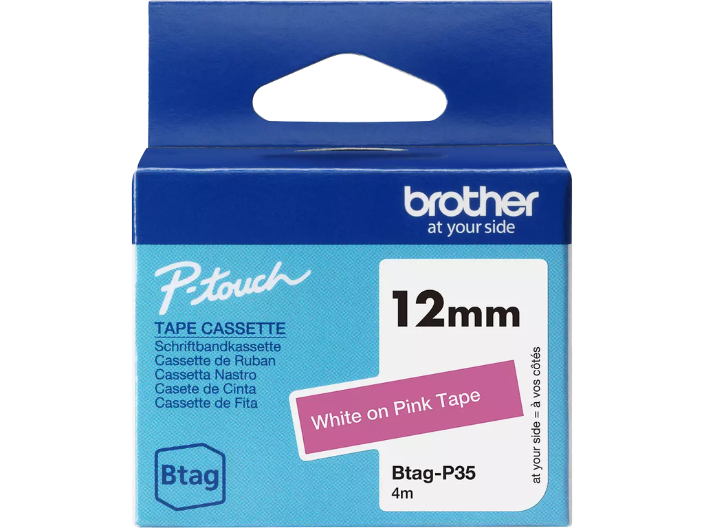 Tape Brother P-Touch BTAG-P35 12mm wit op roze 