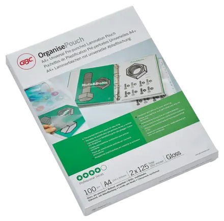 Lamineerhoes GBC Organise A4+ 2x125µ glanzend met perforatieband (100)