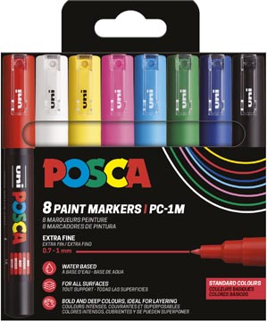 Paintmarker Uni Posca PC-1MC ronde punt 0,7-1mm assorti basiskleuren (8)