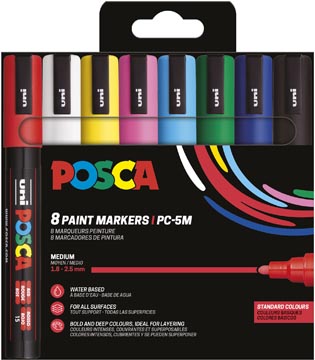 Paintmarker Uni Posca PC-5M ronde punt 1,8-2,5mm assorti basiskleuren (8)