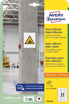Etiketten Avery 27 etik/bl 63,5x29,6mm sterk klevend wit 20bl/d (540)