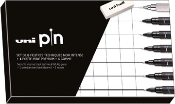 Fineliner Uni-ball Uni Pin ronde punt 6 stiften zwart incl vulpotlood en gom