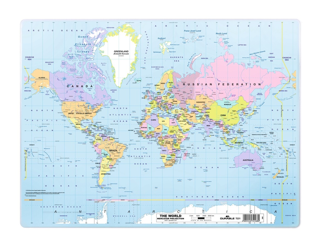 Schrijfonderlegger Durable PP 500x380mm met wereldkaart