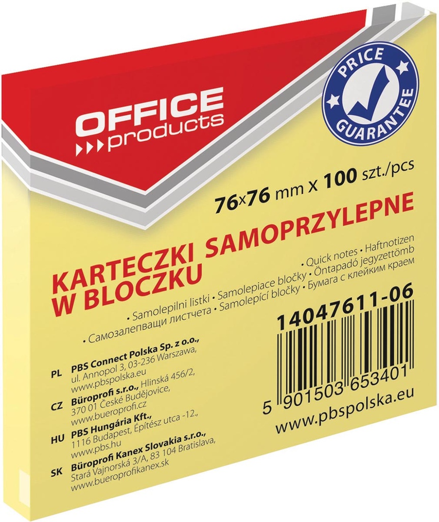 Memoblok OFFICE products ft 76 x 76 mm geel 100vel