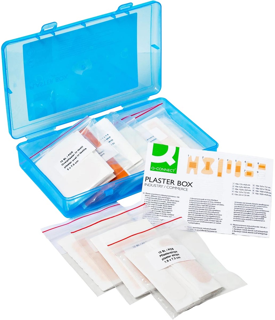 Pleisters Q-CONNECT  assortiment van 100 stuks in hersluitbare plastic box
