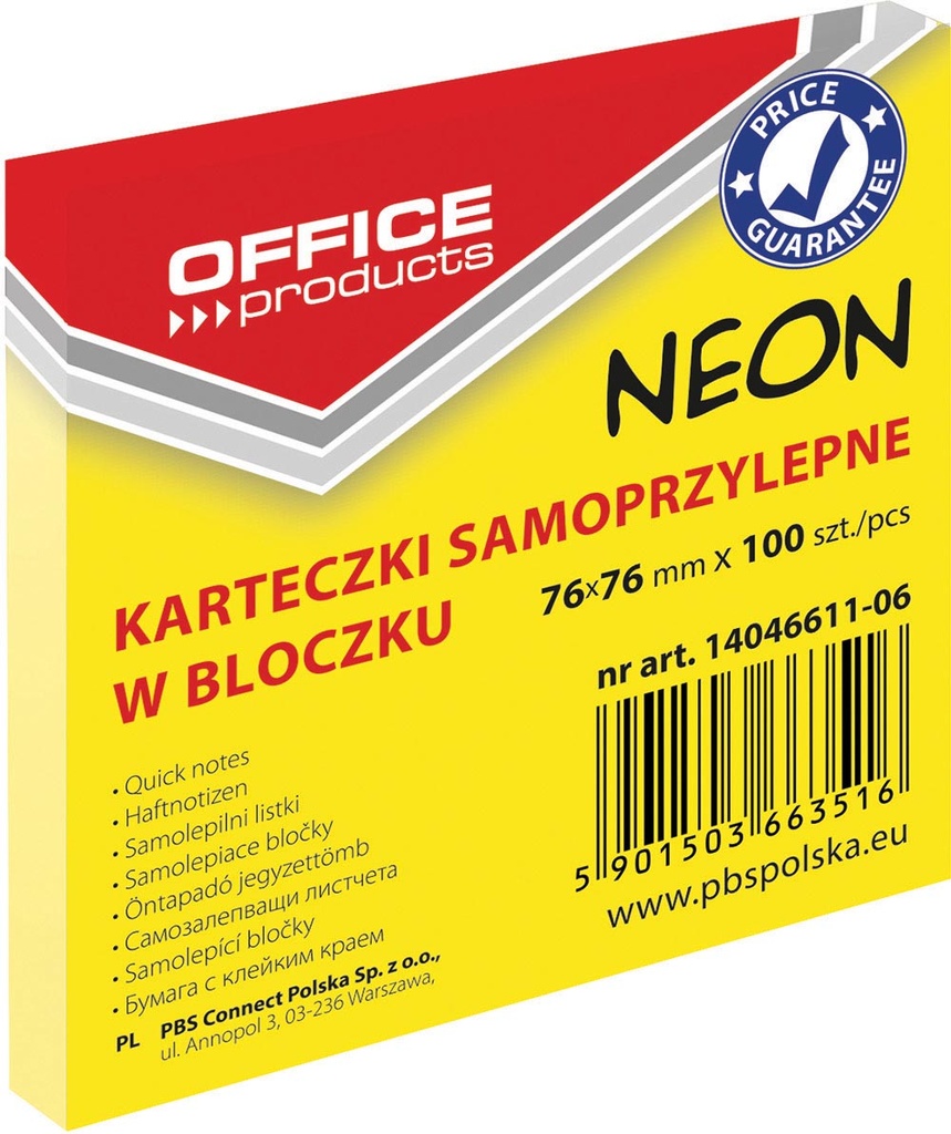  Memoblok Neon OFFICE products ft 76 x 76 mm 100 vel neongeel