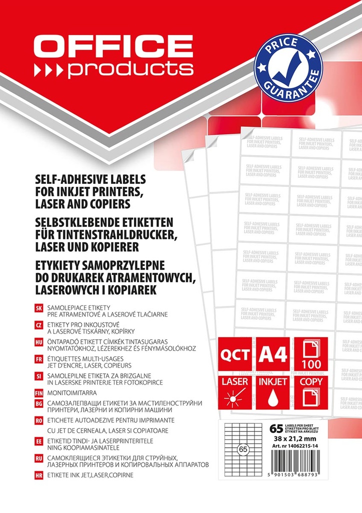 Etiketten OFFICE products  rechte hoeken  38 x 21,2 mm 65 etiketten per vel wit (100)