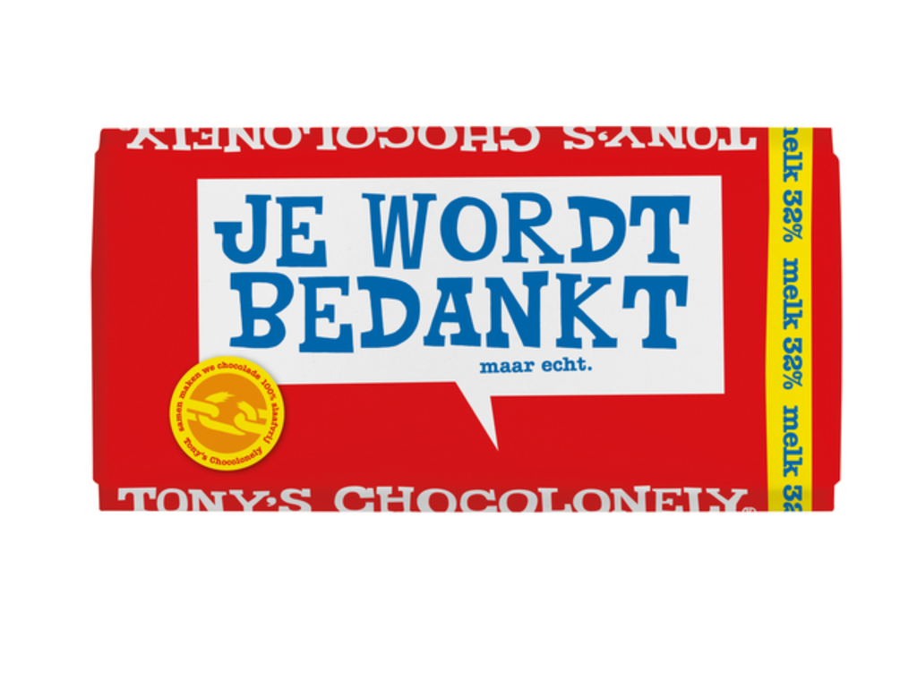 Chocolade Tony's Chocolonely melk bedankt reep 180gr