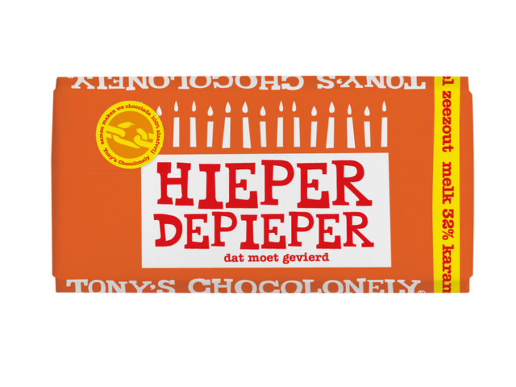 Chocolade Tony's Chocolonely melk karamel zeezout hieper de pieper reep 180gr
