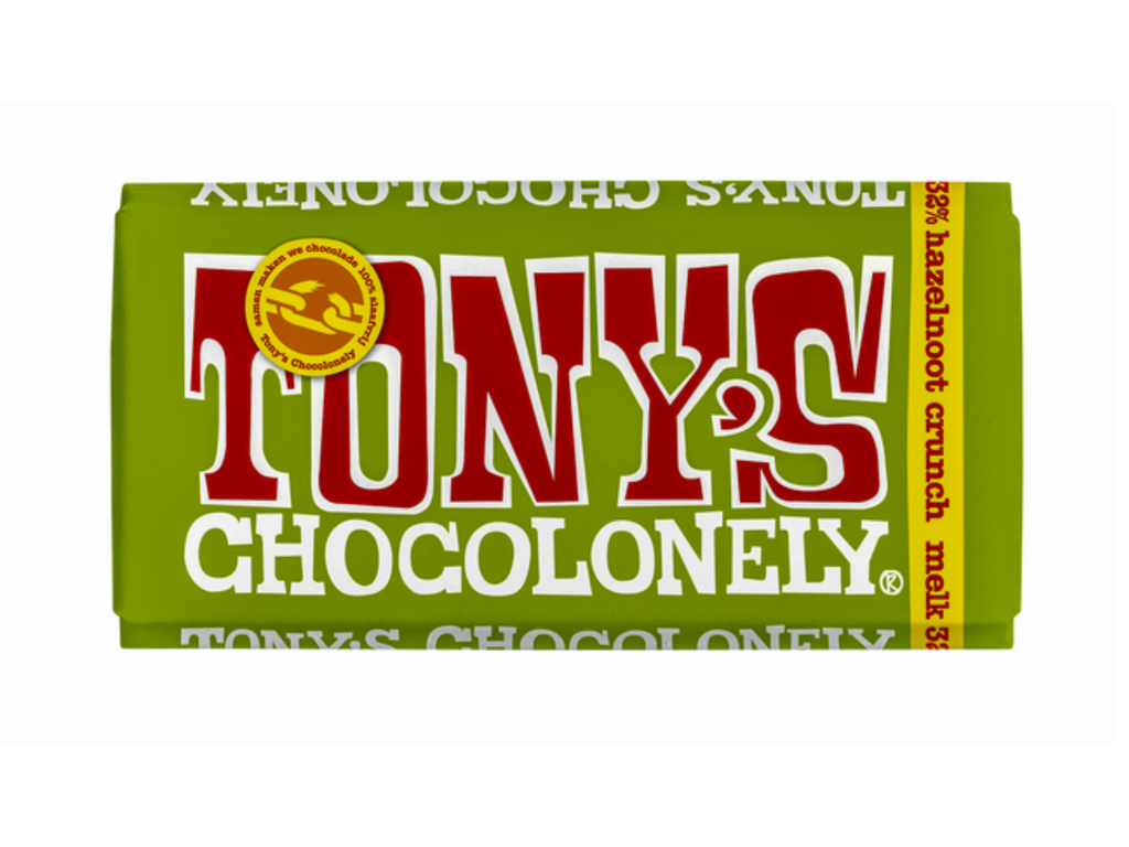 Chocolade Tony's Chocolonely melk hazelnoot crunch reep 180gr