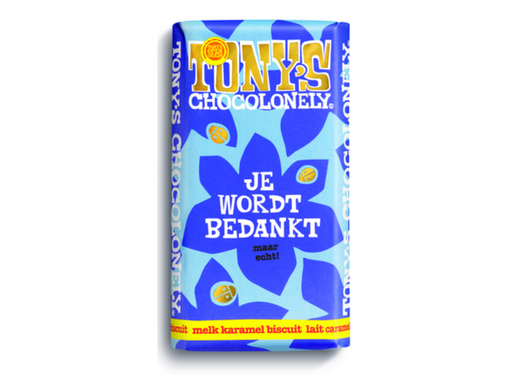 Chocolade Tony's Chocolonely je wordt bedankt reep melk karamel biscuit 180gr