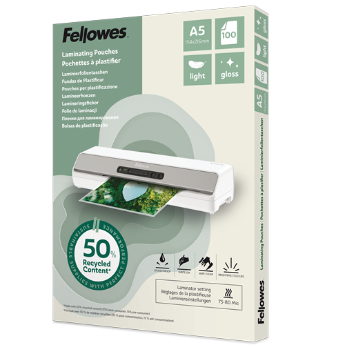 Lamineerhoezen Fellowes 50% gerecycled materiaal - Light A5 Glanzend (100) 
