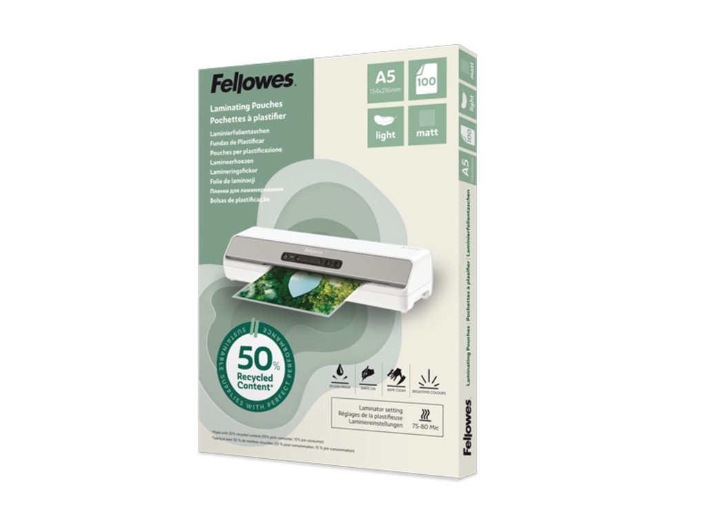 Lamineerhoezen Fellowes 50% gerecycled materiaal - Light A5 mat (100) 