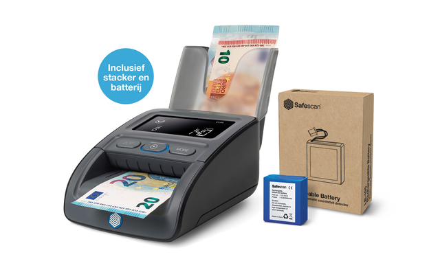 Valsgeld detector Safescan 155-S G2 complete set met oplaadbare batterij en biljetten stacker 