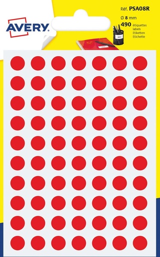 [TIM-PSA08R] Markeringsetiket Avery 70 etik/bl. Ø8mm (7) (rood)