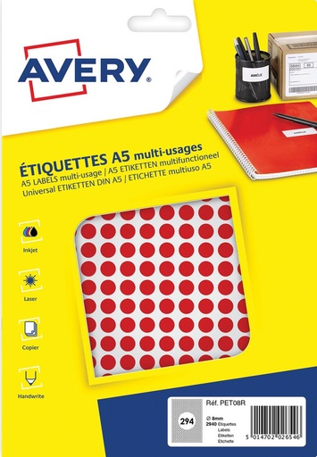 [TIM-PET08R] Markeringsetiket Avery 294 etik/bl. Ø8mm (10) (rood)