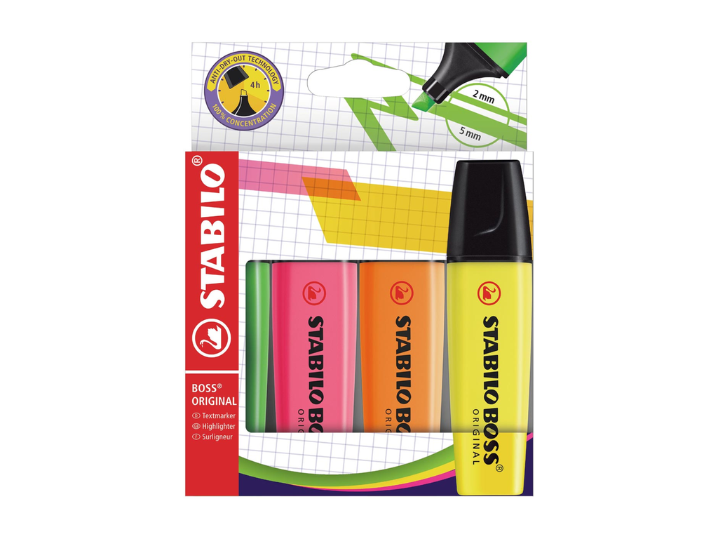 Markeerstift Stabilo Boss Original kartonnen etui geassorteerde kleuren (4) (70/4)