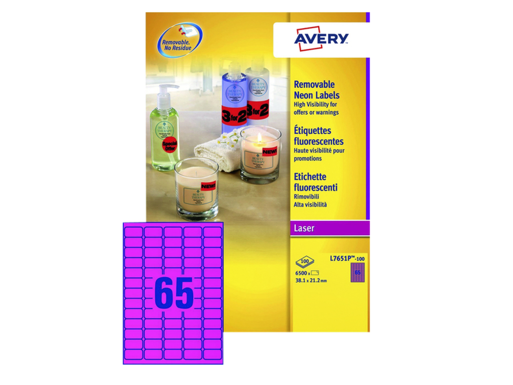 Etiket Avery L7651PF-100 38.1x21.2mm neon roze 6500 etiketten 