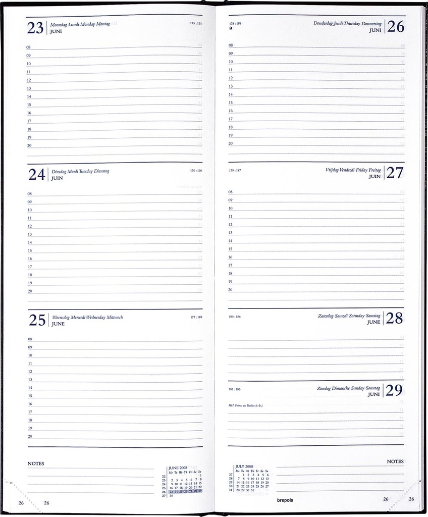 Agenda Brepols Saturnus Lima 128x330mm viertalig zwart 2025 1 week/2 pagina's