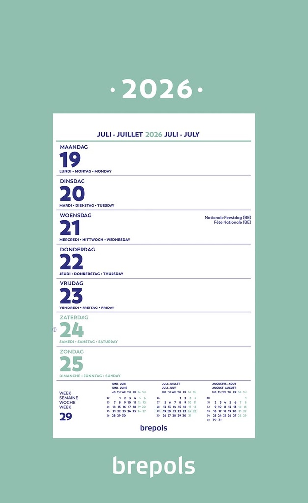 Kalender Brepols Wand-Week op schild 190x340mm 2026