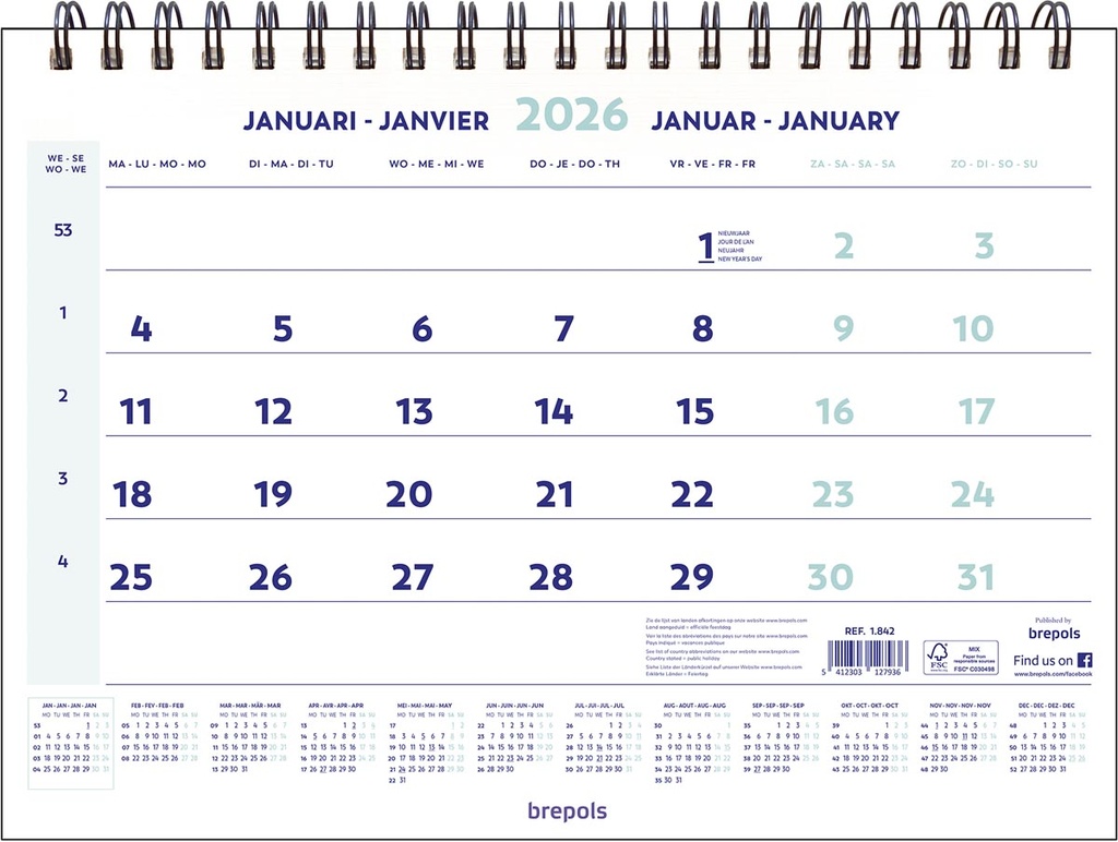 Maandkalender Brepols 430x315mm 2026